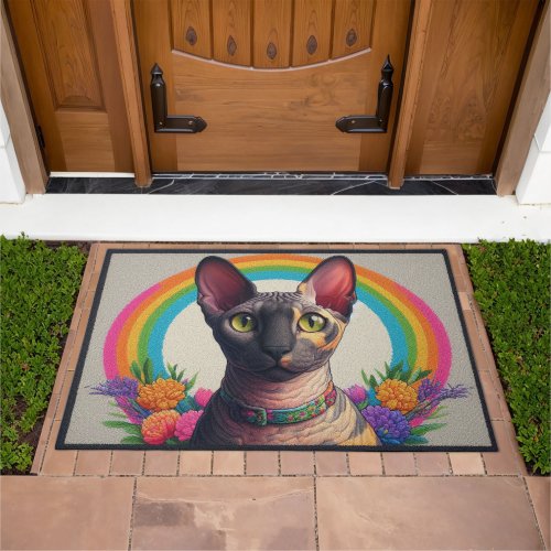 Decorative Cornish Rex Cat Colorful Floral Border Doormat