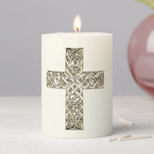 Decorative Cross Elegant Gold Look Pillar Candle (In Situ)