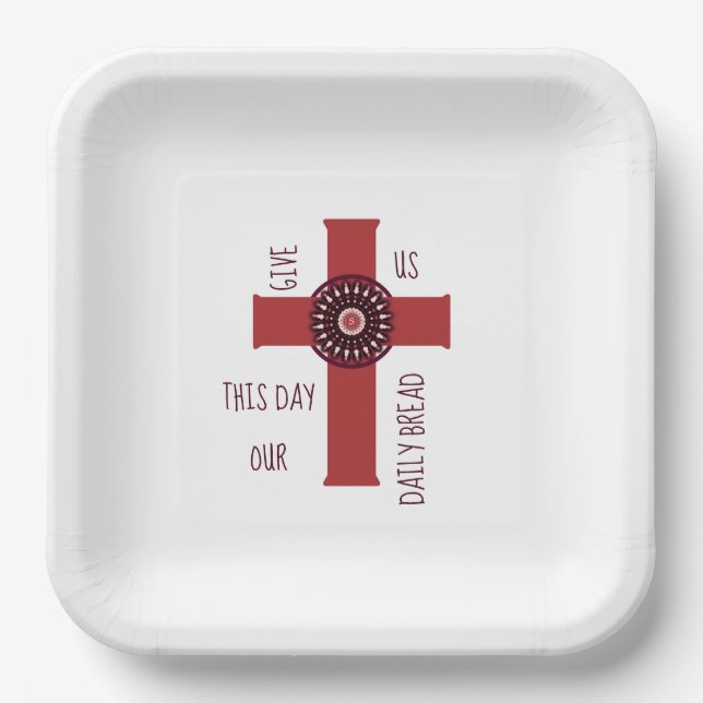 Decorative Cross Give Us This Day Text White Paper Plates (Front)