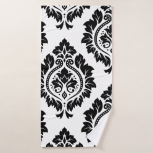 Decorative Damask Art I Black on White Bath Towel