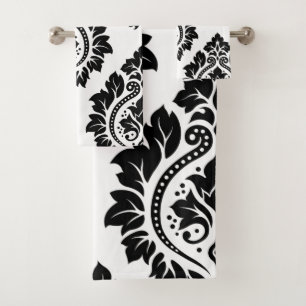 Decorative Damask Art I Black on White Bath Towel Set