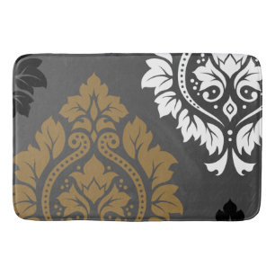 Decorative Damask Art I Gold Black White on Grey Bathroom Mat