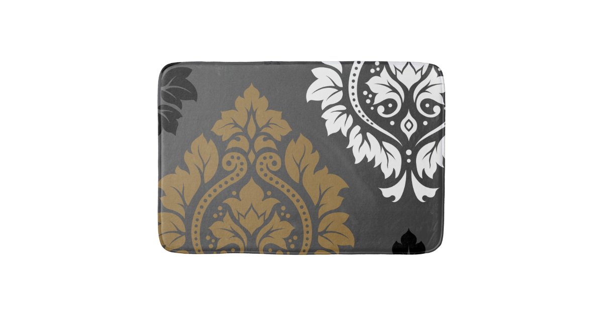 Decorative Damask Art I Gold Black White On Grey Bathroom Mat Zazzle Com