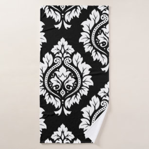Decorative Damask Art I White on Black Bath Towel