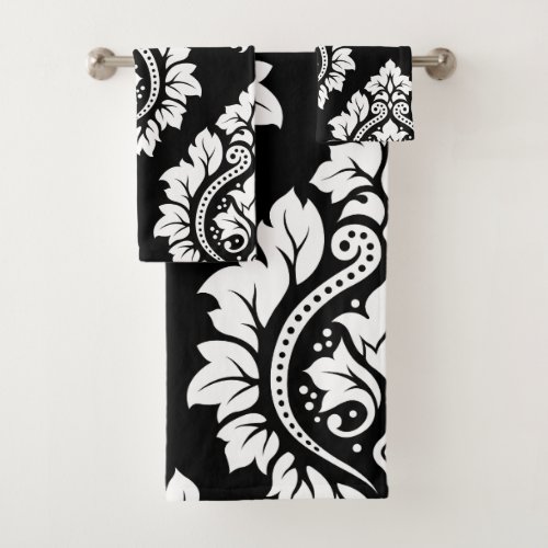 Decorative Damask Art I White on Black Bath Towel Set