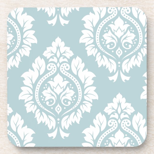 Decorative Damask Art I White on Duck Egg Blue Beverage Coaster (Front)