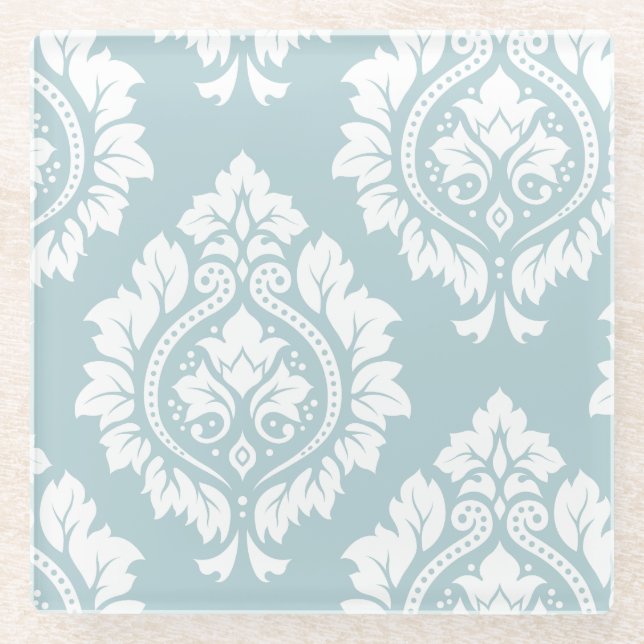 Decorative Damask Art I White on Duck Egg Blue Glass Coaster (Front)
