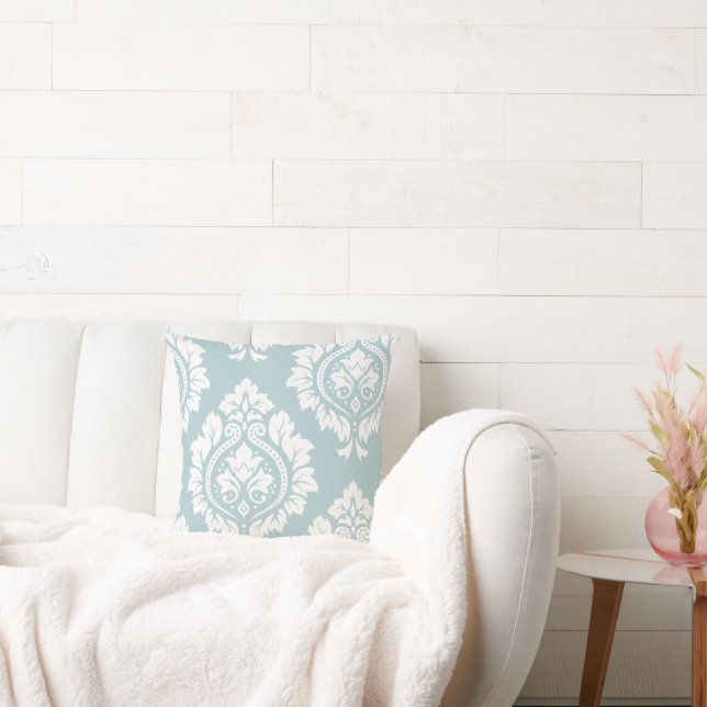 Decorative Damask Art I White on Duck Egg Blue Throw Pillow (Couch)