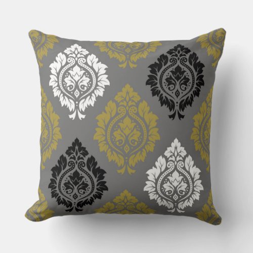 Decorative Damask Big Pattern BW Gold on Mid_Gray Throw Pillow