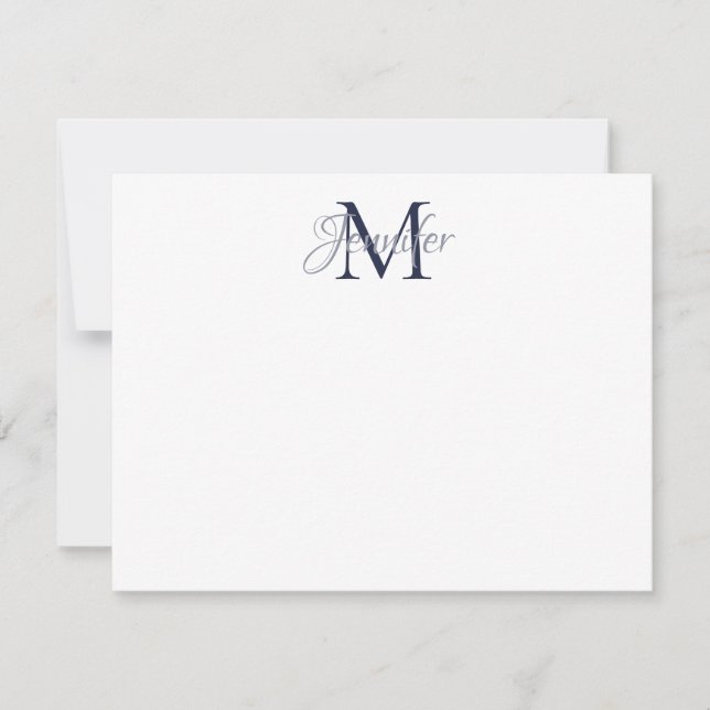 Decorative Damask Midnight Blue and Gray Monogram Note Card (Front)