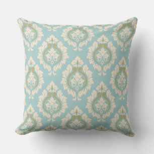 Decorative Damask Pattern – Cream & Gold on Blue Throw Pillow