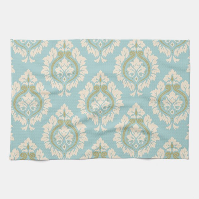 Decorative Damask Pattern – Cream & Gold on Blue Towel (Horizontal)