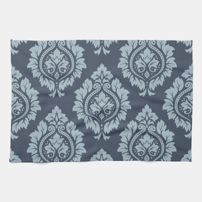 Decorative Damask Pattern Light on Dark Blue-Gray Towel (Horizontal)