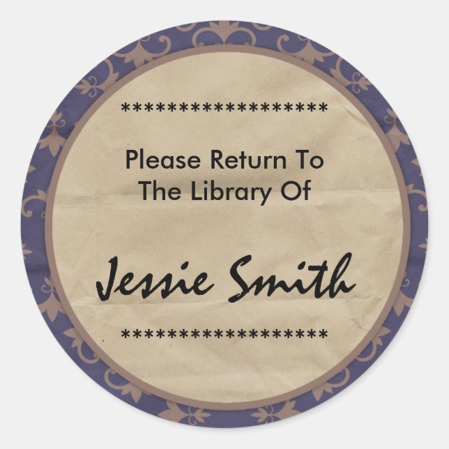 Decorative Damask Pattern Name Address Bookplate (Front)