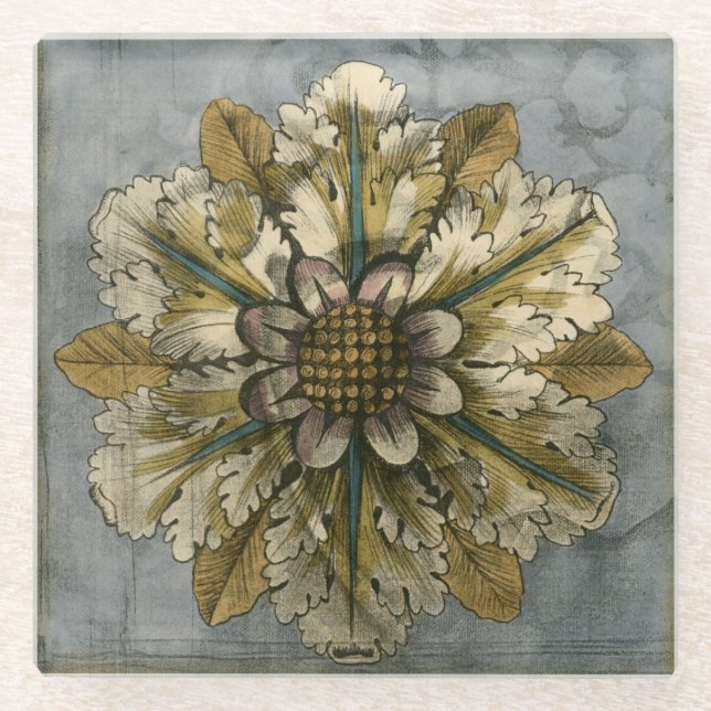 Decorative Demask Rosette on Grey Background Glass Coaster (Front)