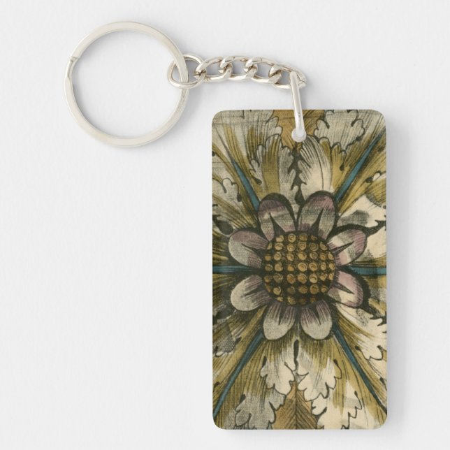 Decorative Demask Rosette on Grey Background Keychain (Front)