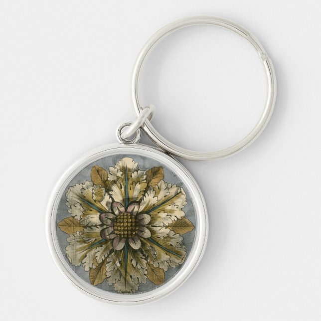 Decorative Demask Rosette on Grey Background Keychain (Front)