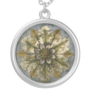 Decorative Demask Rosette on Grey Background Silver Plated Necklace