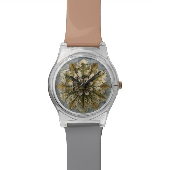 Decorative Demask Rosette on Grey Background Wrist Watch (Close Up)