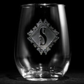 Decorative Diamond Monogrammed Stemless Wine Glass (Front)