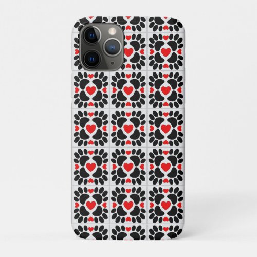 Decorative Dog Paw Prints And Red Hearts Tiles iPhone 11 Pro Case