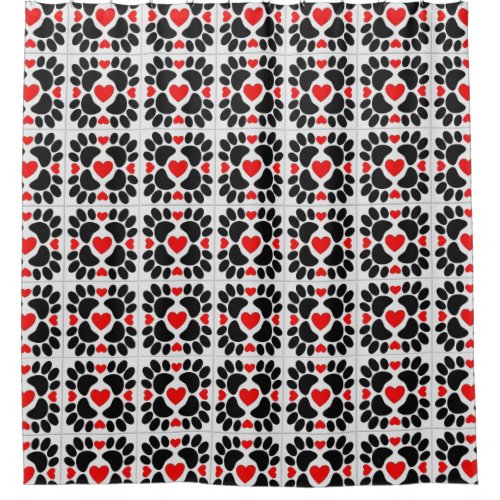 Decorative Dog Paw Prints And Red Hearts Tiles Shower Curtain