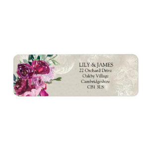 Decorative dove grey & wine & pink roses wedding label