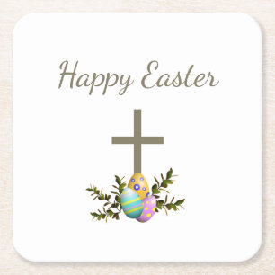 Decorative Easter Eggs Botanical Simple Cross Square Paper Coaster
