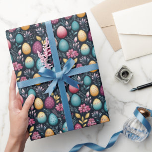 Decorative Easter Eggs Dark Floral Pattern Wrapping Paper
