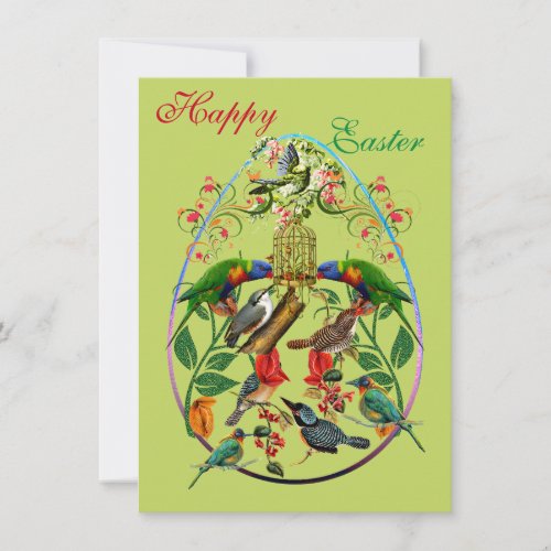 Decorative Egg Happy Easter Spring greenery Birds  Holiday Card
