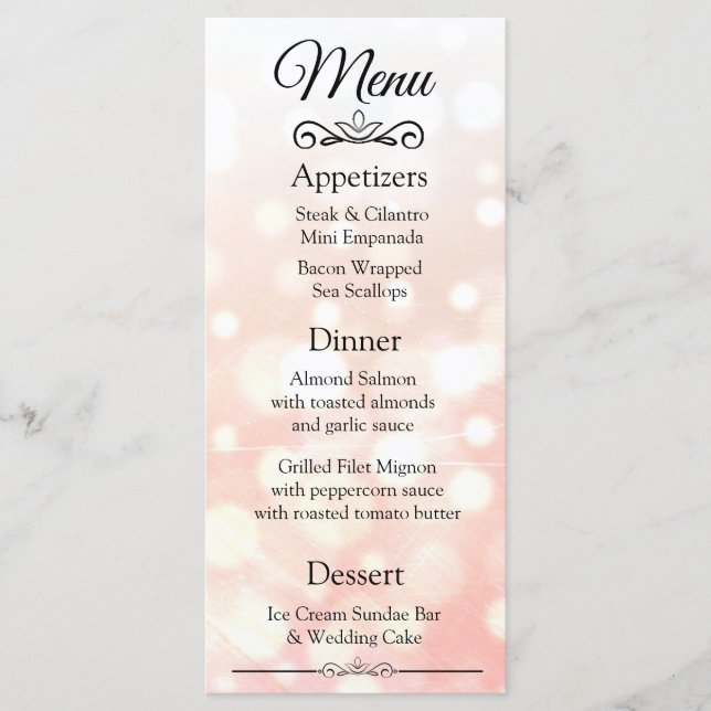 Decorative Elegant Coral Bokeh Wedding Menu Card (Front)