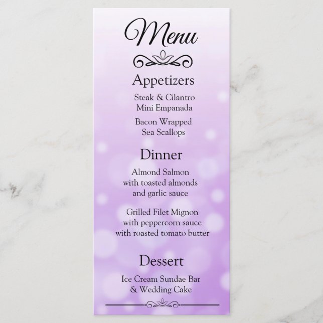 Decorative Elegant Purple Bokeh Wedding Menu Card (Front)