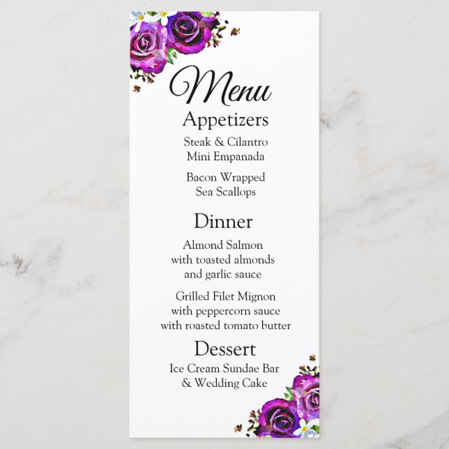 Decorative Elegant Purple Roses Wedding Menu Card (Front)