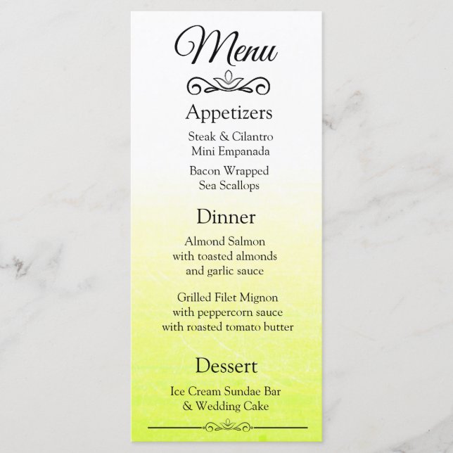Decorative Elegant Yellow Fade Wedding Menu Card (Front)