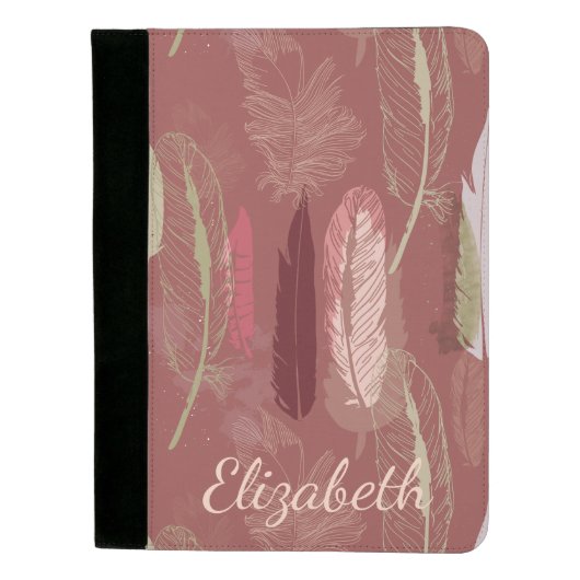 Decorative Feathers in Marsala Wine Personalize Padfolio (Front)