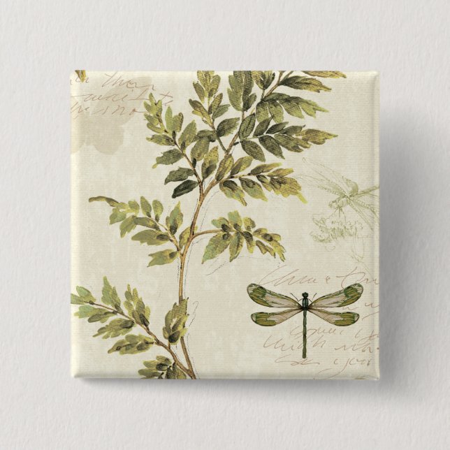 Decorative Ferns and a Dragonfly Pinback Button (Front)