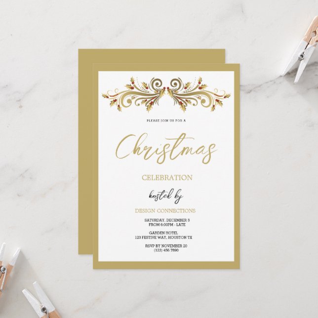 Decorative Festive Holly Swirls Christmas Invitation (Front/Back In Situ)