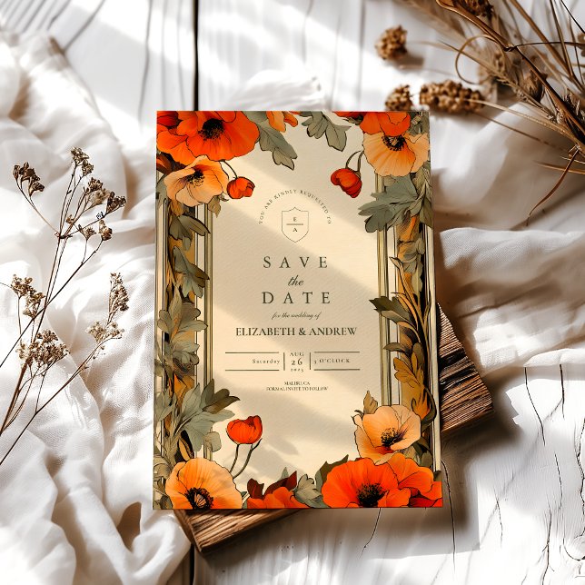 Decorative Floral Art Nouveau Poppy Wedding Save The Date (Creator Uploaded)
