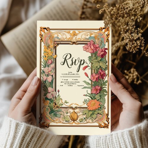 Decorative Floral Art Nouveau Wedding RSVP Card