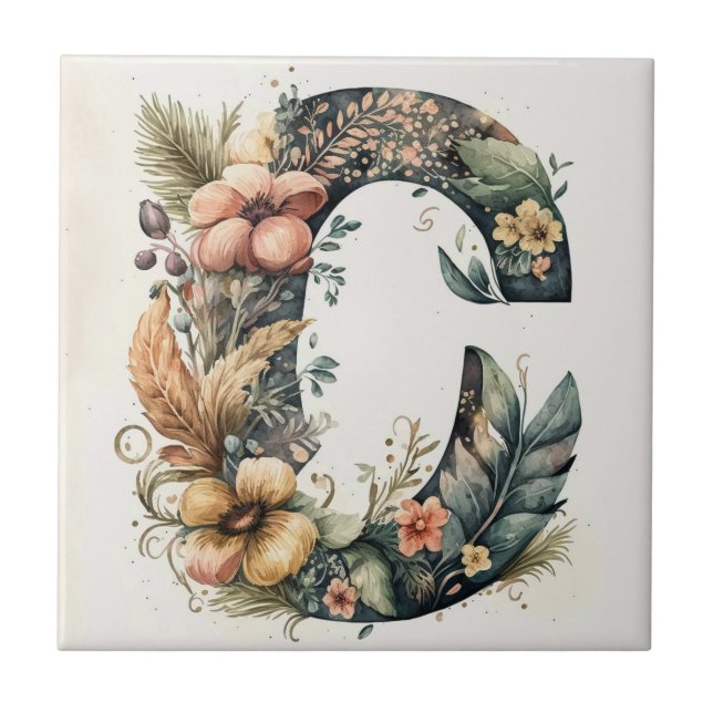 Decorative Floral C Letter Ceramic  Ceramic Tile (Front)