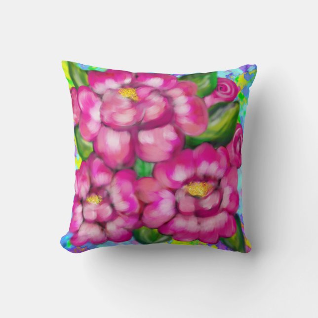 DECORATIVE FLORAL CUSHION, PINK ROSES THROW PILLOW (Front)