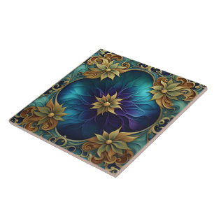 Decorative Floral Design With Turquoise Background Ceramic Tile