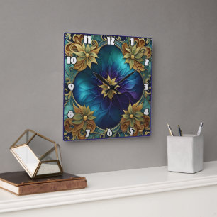 Decorative Floral Design With Turquoise Background Square Wall Clock