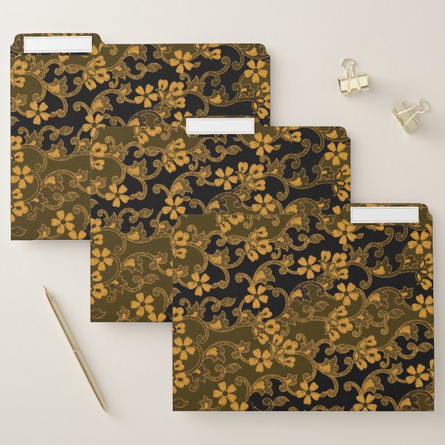 Decorative Floral Flourish Pattern | Black & Gold File Folder (Set)
