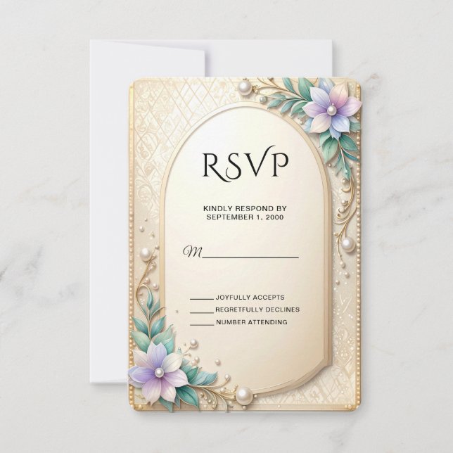 Decorative Floral Frame with Pearls RSVP Card (Front)