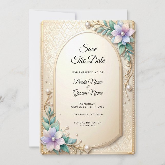 Decorative Floral Frame with Pearls Save The Date (Front)
