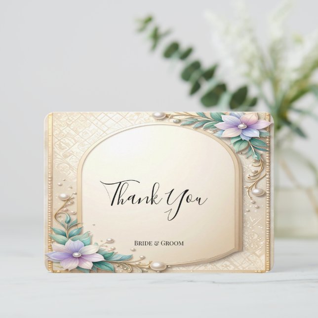 Decorative Floral Frame with Pearls Thank You Card (Standing Front)