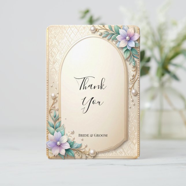 Decorative Floral Frame with Pearls Thank You Card (Standing Front)