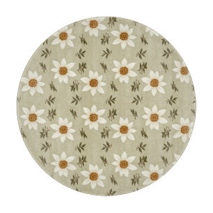Decorative Floral in White and Beige Cutting Board