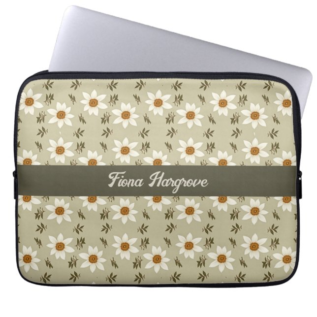 Decorative Floral in White and Beige Personalized Laptop Sleeve (Front)